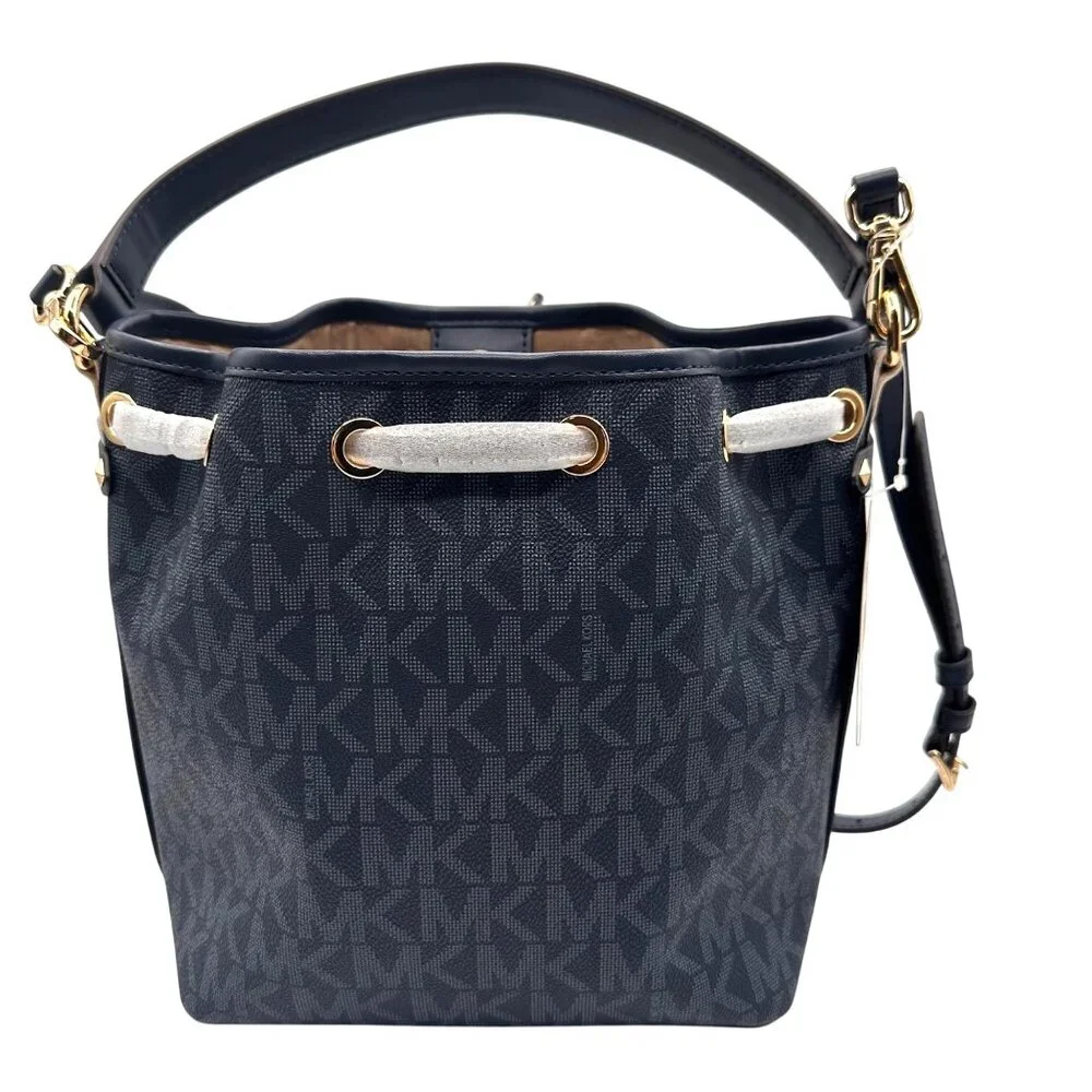 Michael Kors MK Signature Blue Bucket Bag Designer Logo Tote Gold Hardware
